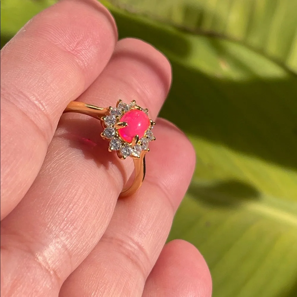 NWT Natural Pink Opal with CZ Accent Ring 18k YG Plated over 925 Silver Size 8